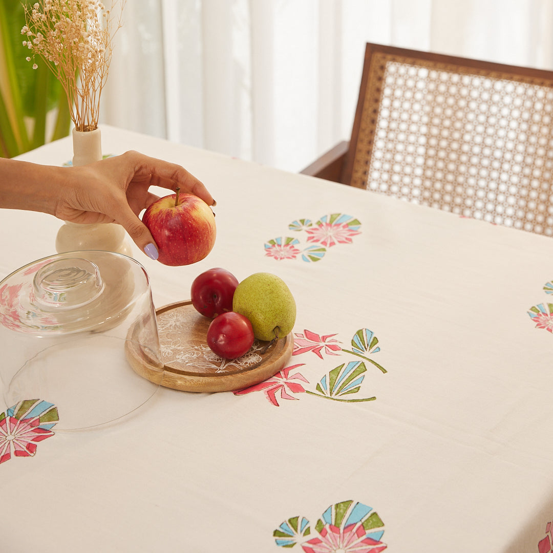 Cotton Table Cover Pink-Green Floral Block Print