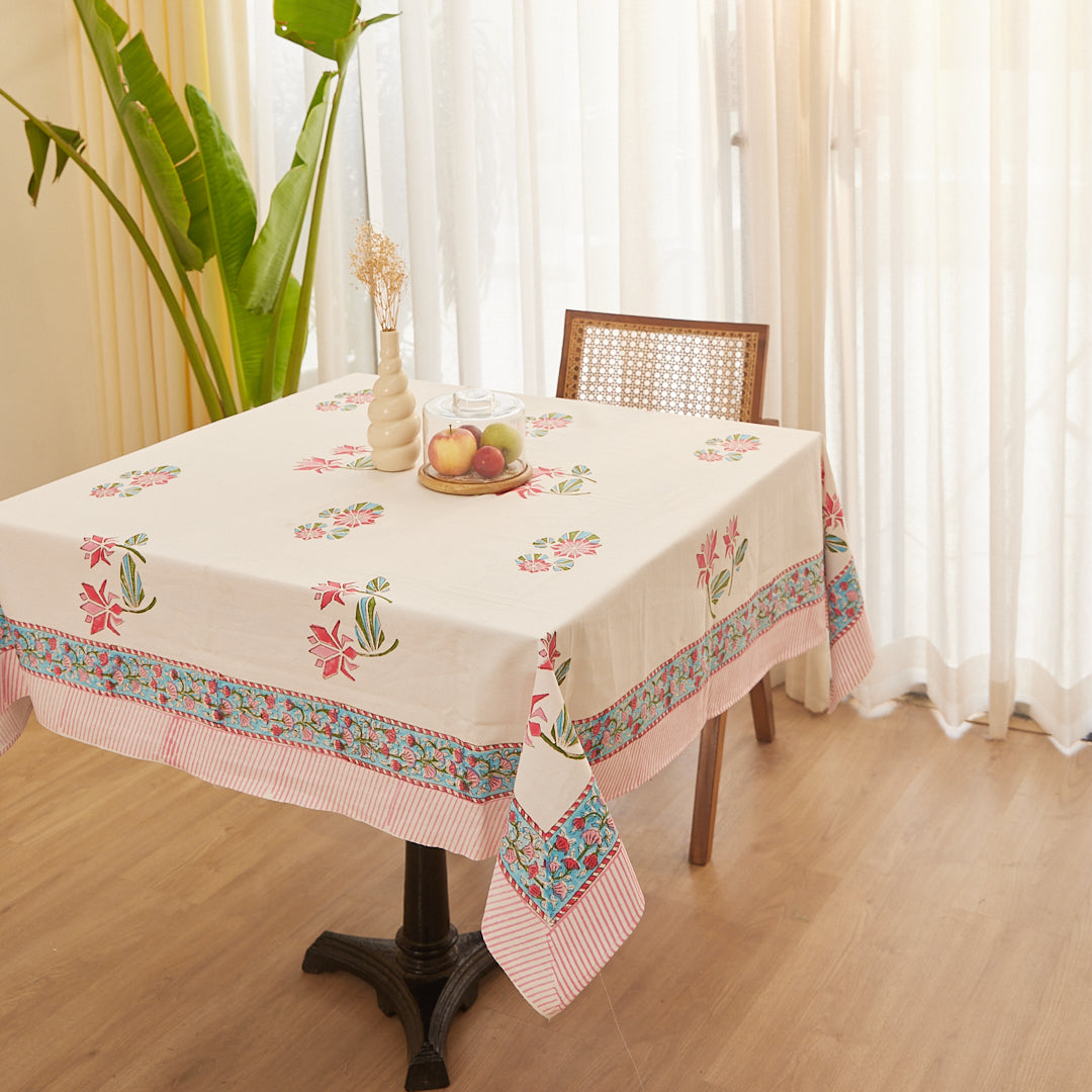 Cotton Table Cover Pink-Green Floral Block Print