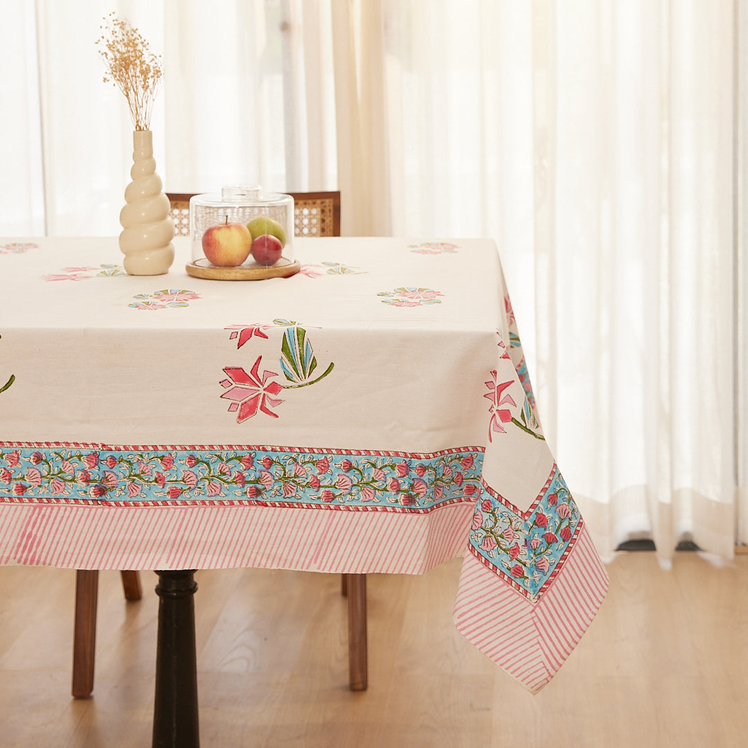Cotton Table Cover Pink-Green Floral Block Print