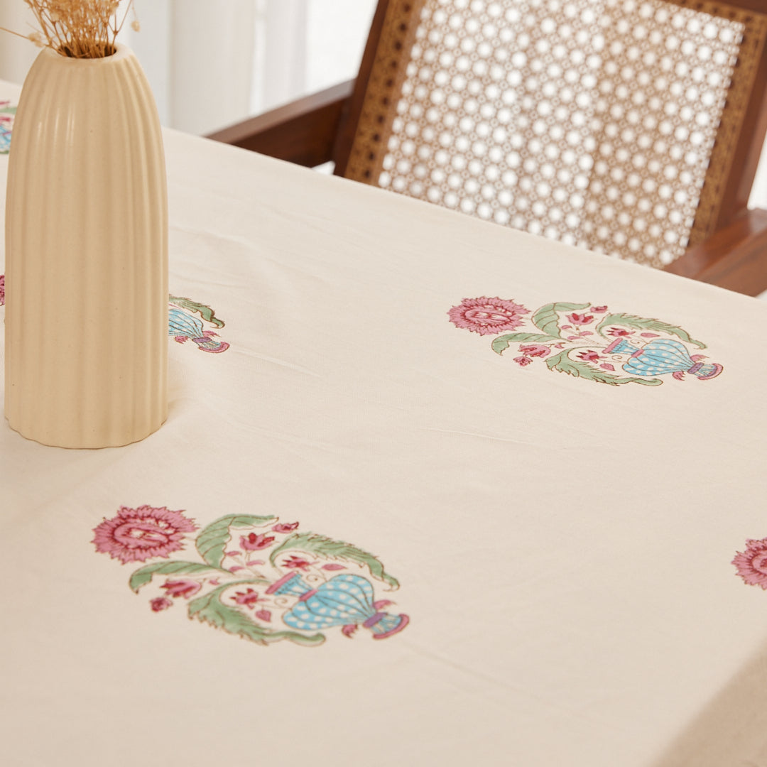Cotton Table Cover Blue-Pink Floral Block Print