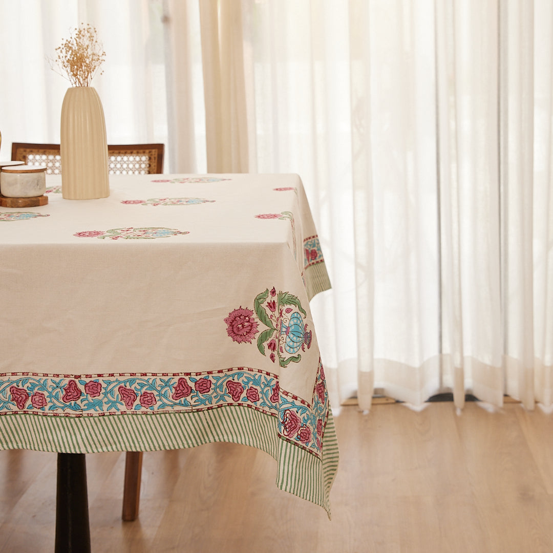 Cotton Table Cover Blue-Pink Floral Block Print
