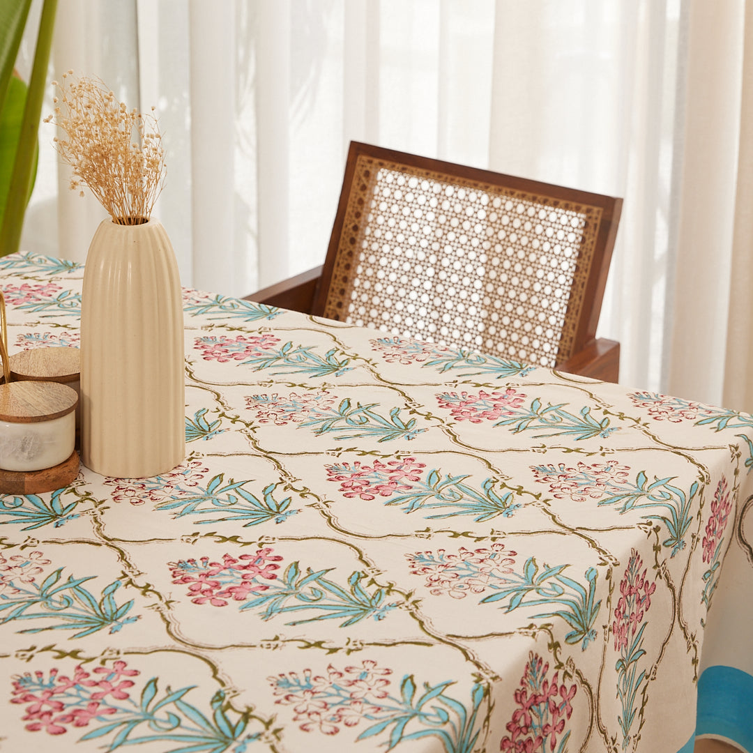 Cotton Table Cover Blue-Pink Floral Jaal Block Print