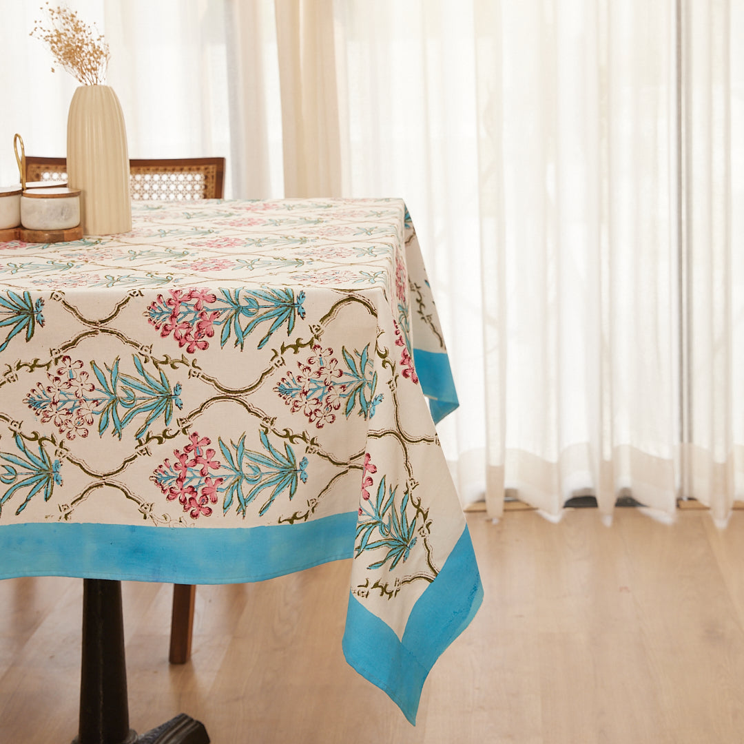 Cotton Table Cover Blue-Pink Floral Jaal Block Print