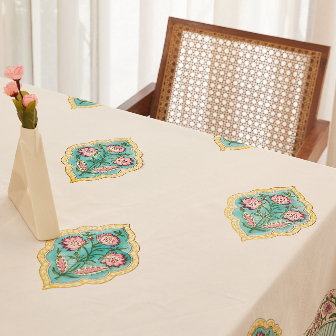 Cotton Table Cover Green-Pink Geometric Block Print