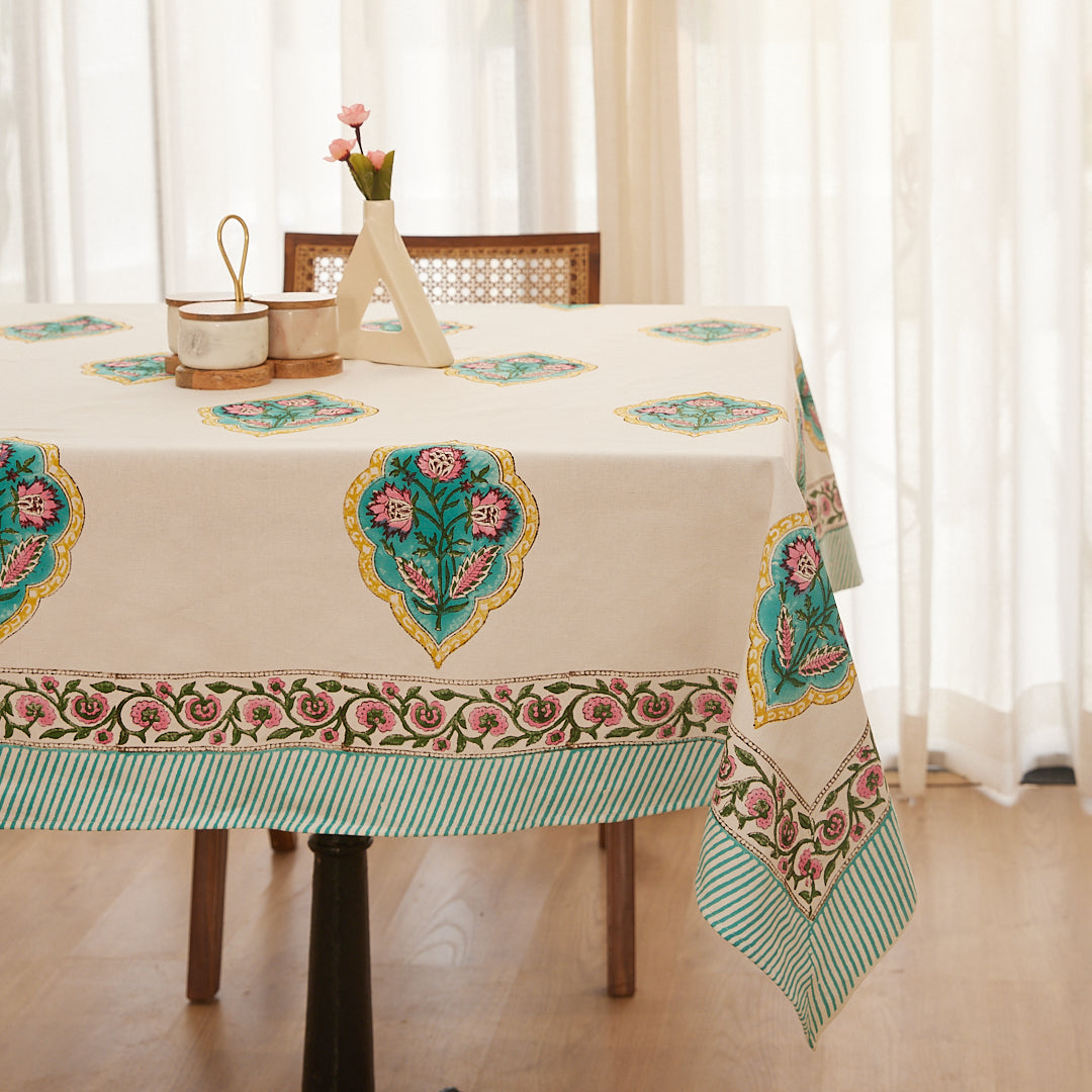 Cotton Table Cover Green-Pink Geometric Block Print