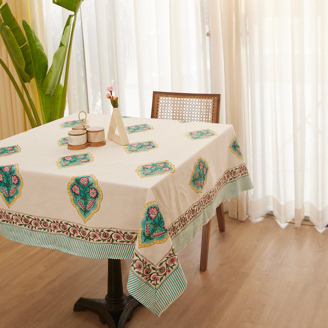 Cotton Table Cover Green-Pink Geometric Block Print