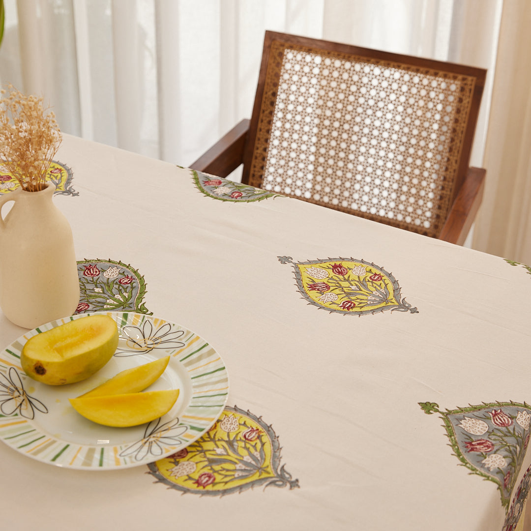 Cotton Table Cover Yellow-Grey Leaf Block Print