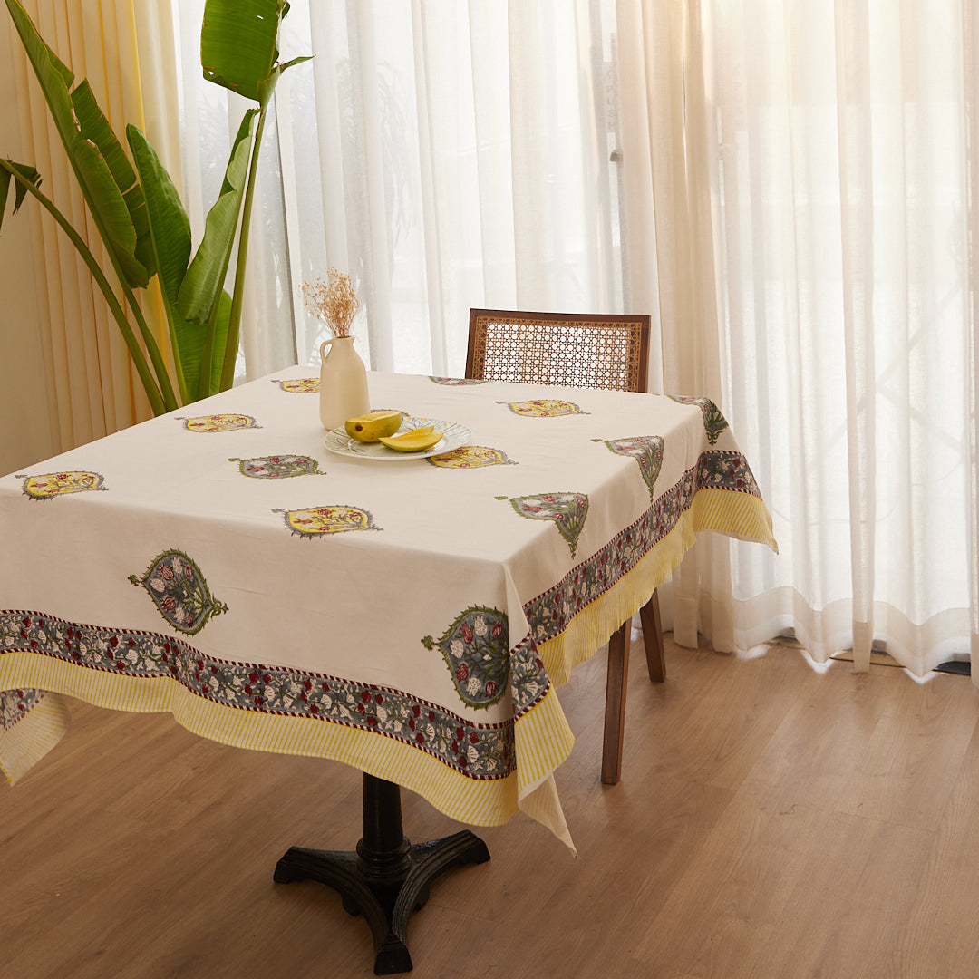 Cotton Table Cover Yellow-Grey Leaf Block Print
