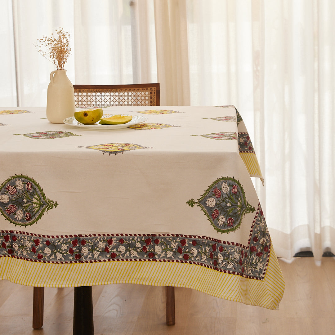 Cotton Table Cover Yellow-Grey Leaf Block Print