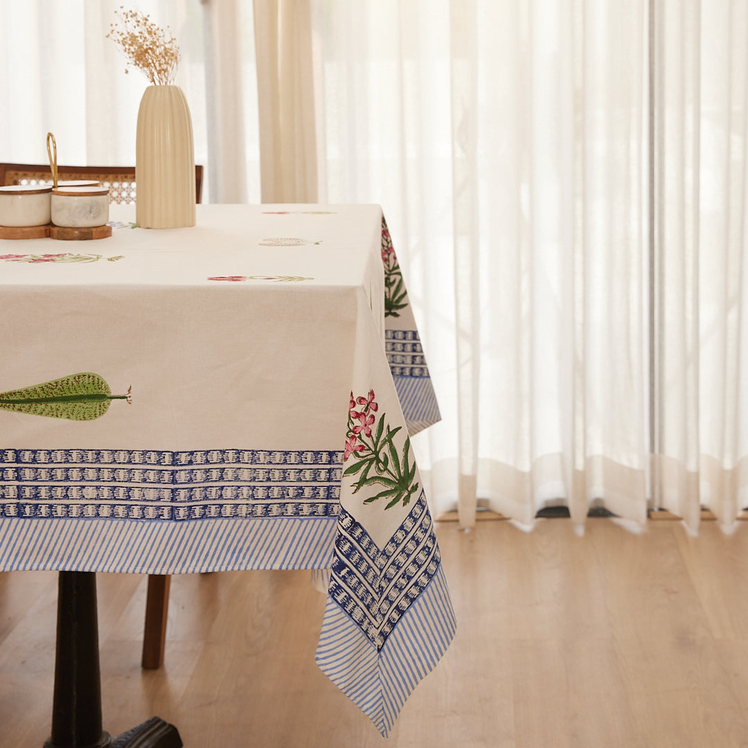 Drill Cotton Table Cover Green-Blue Leaf Block Print