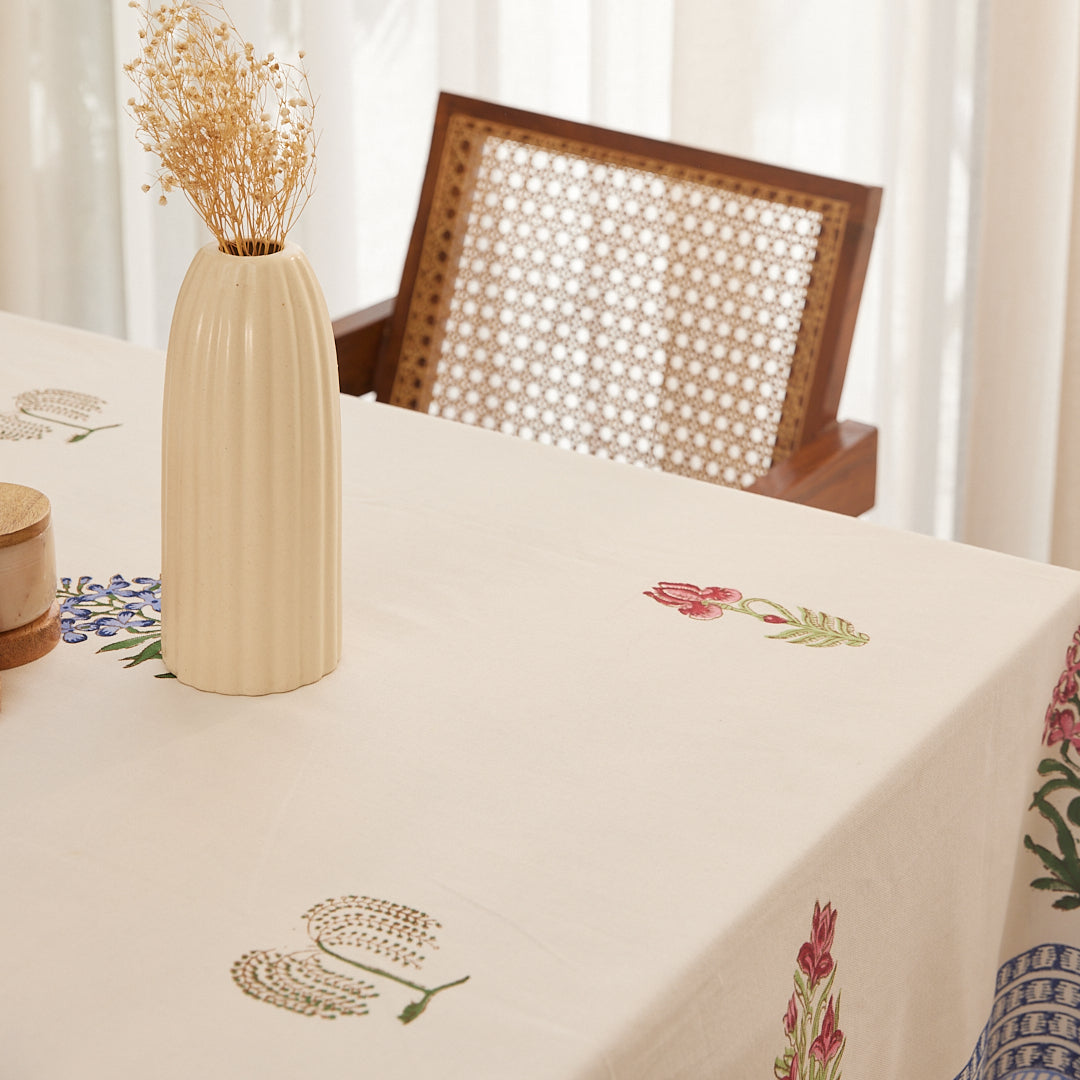 Drill Cotton Table Cover Green-Blue Leaf Block Print