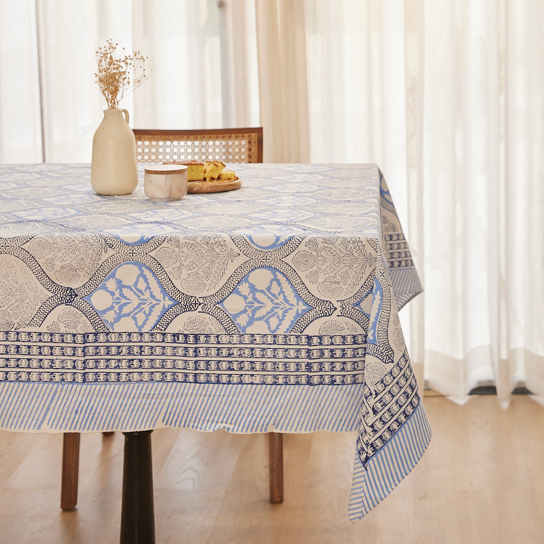 Drill Cotton Table Cover Blue Leaf Block Print
