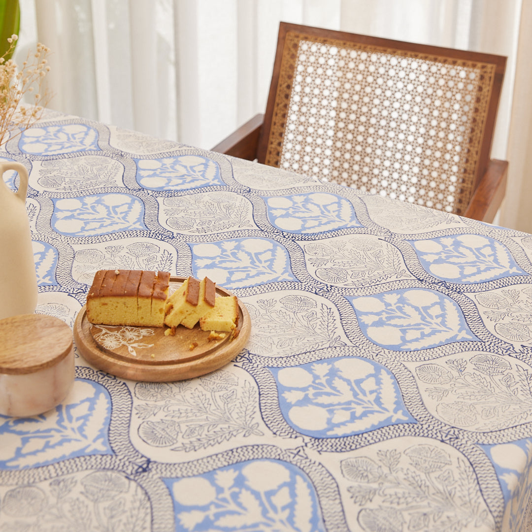 Drill Cotton Table Cover Blue Leaf Block Print