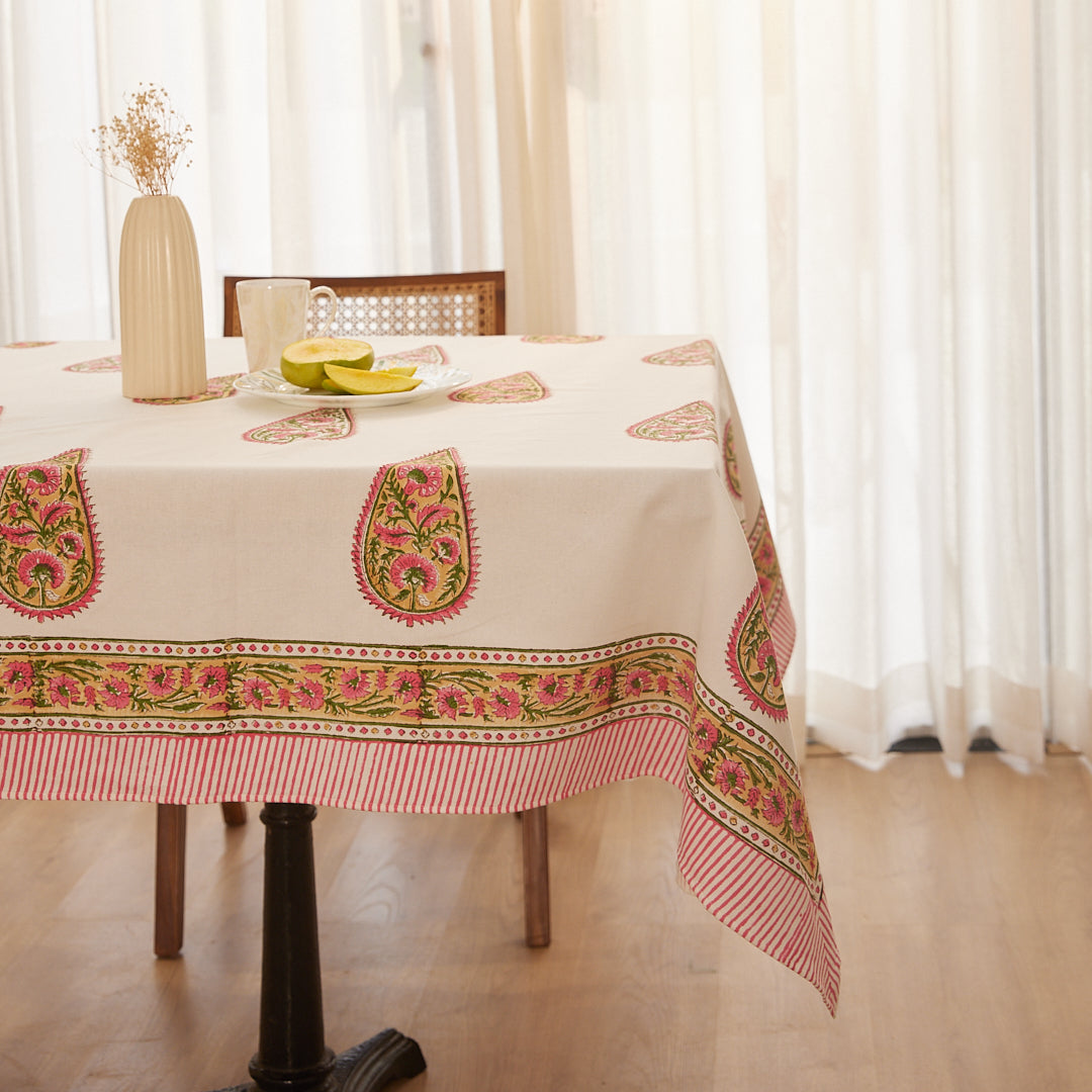 Drill Cotton Table Cover Pink-Green Jade Pine Block Print