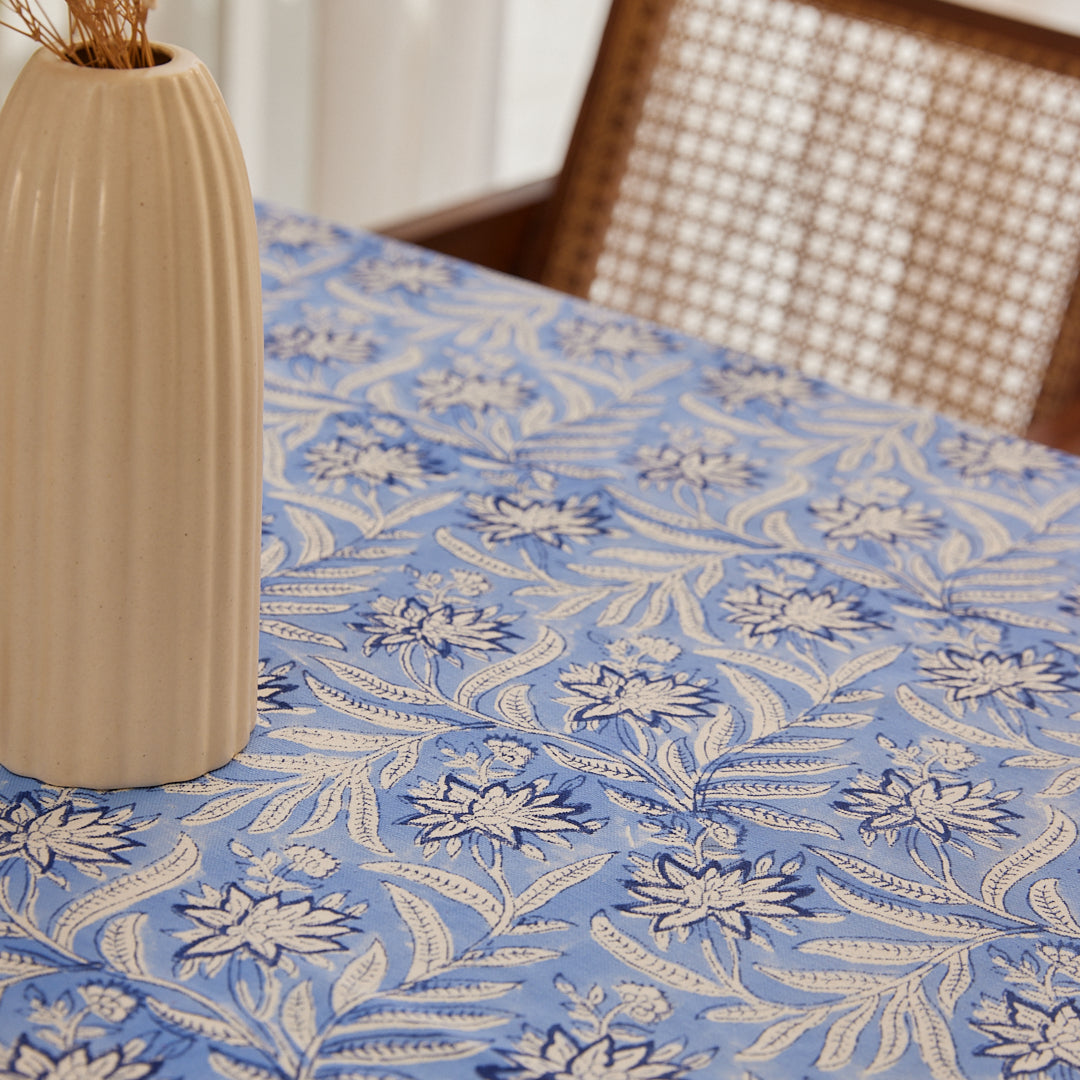 Drill Cotton Table Cover Blue Leaf Jaal Block Print