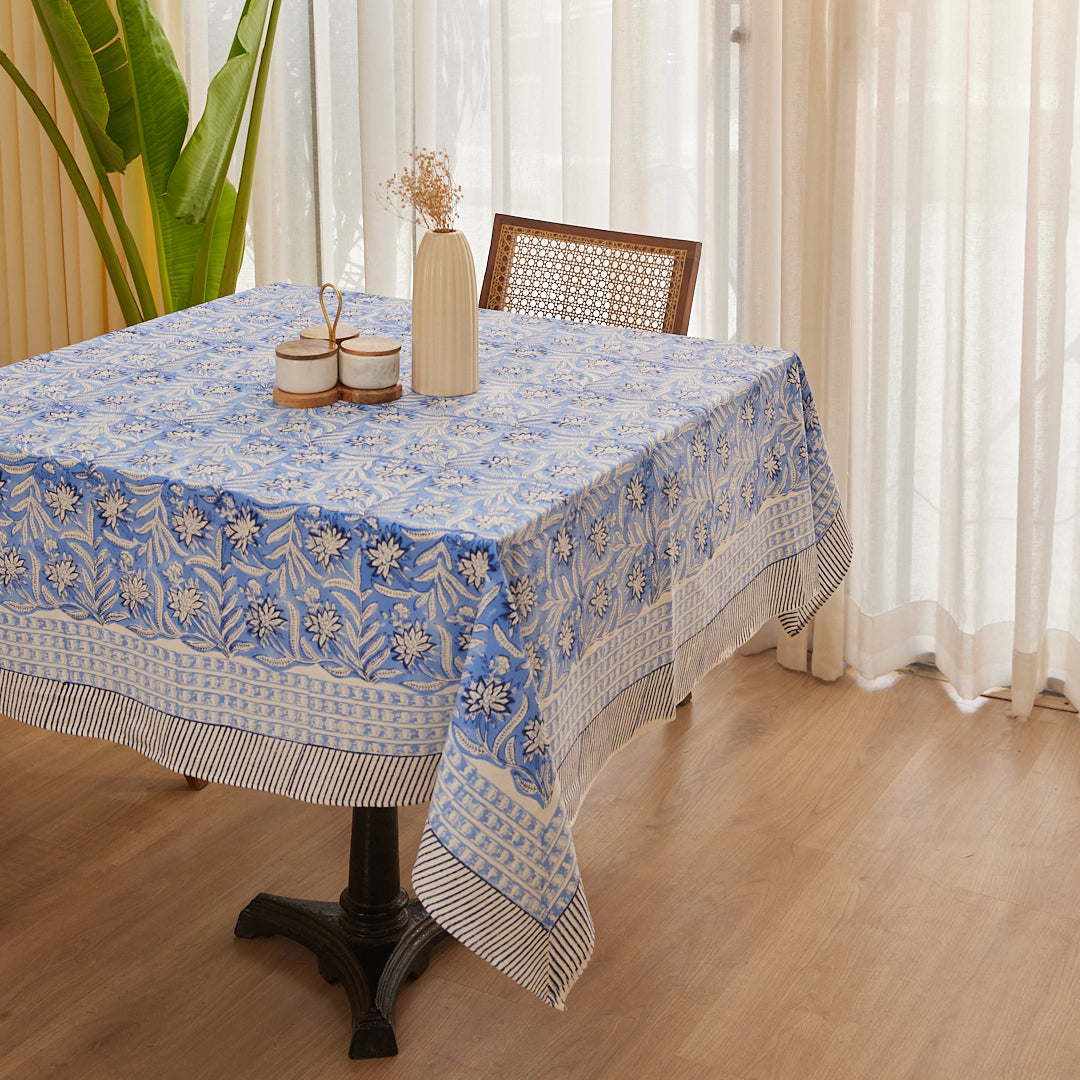 Drill Cotton Table Cover Blue Leaf Jaal Block Print