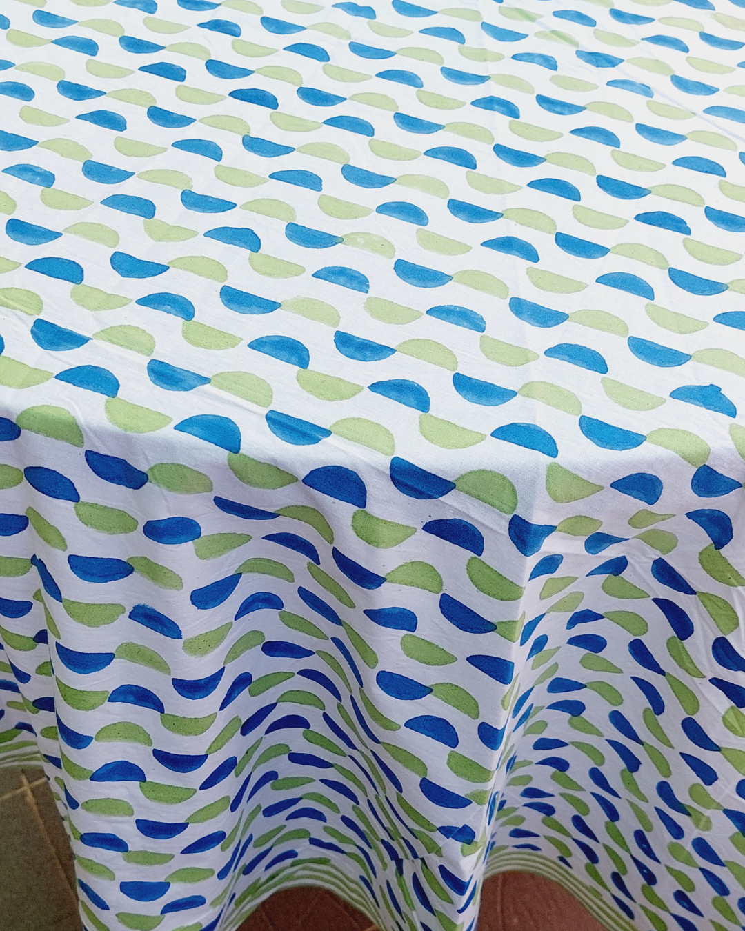 Fine Cotton Round 6 Seater Table Cover Blue Green Leher Block Print