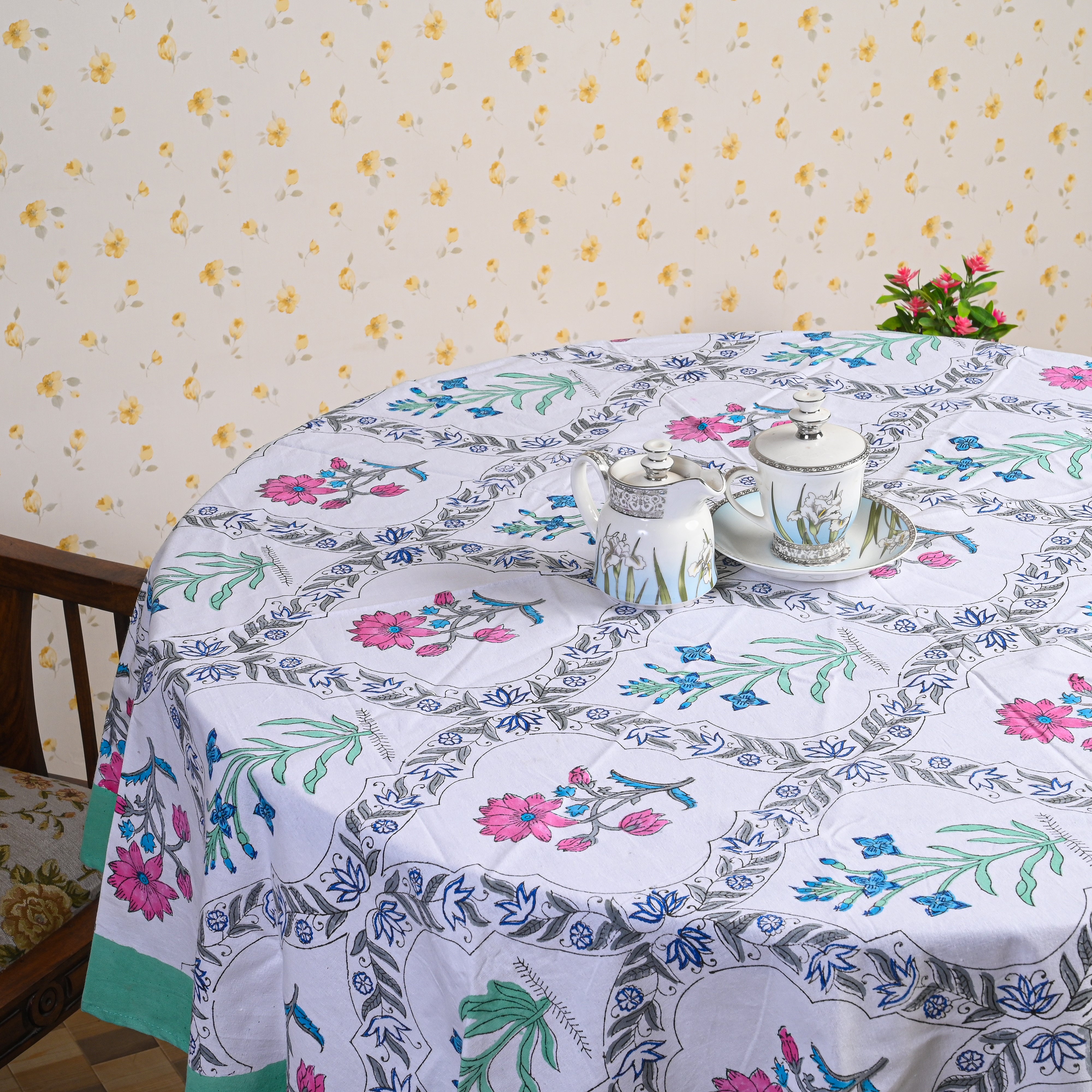 Cotton Round Table Cover Red-Blue Morning Glory Floral Hand Block Print