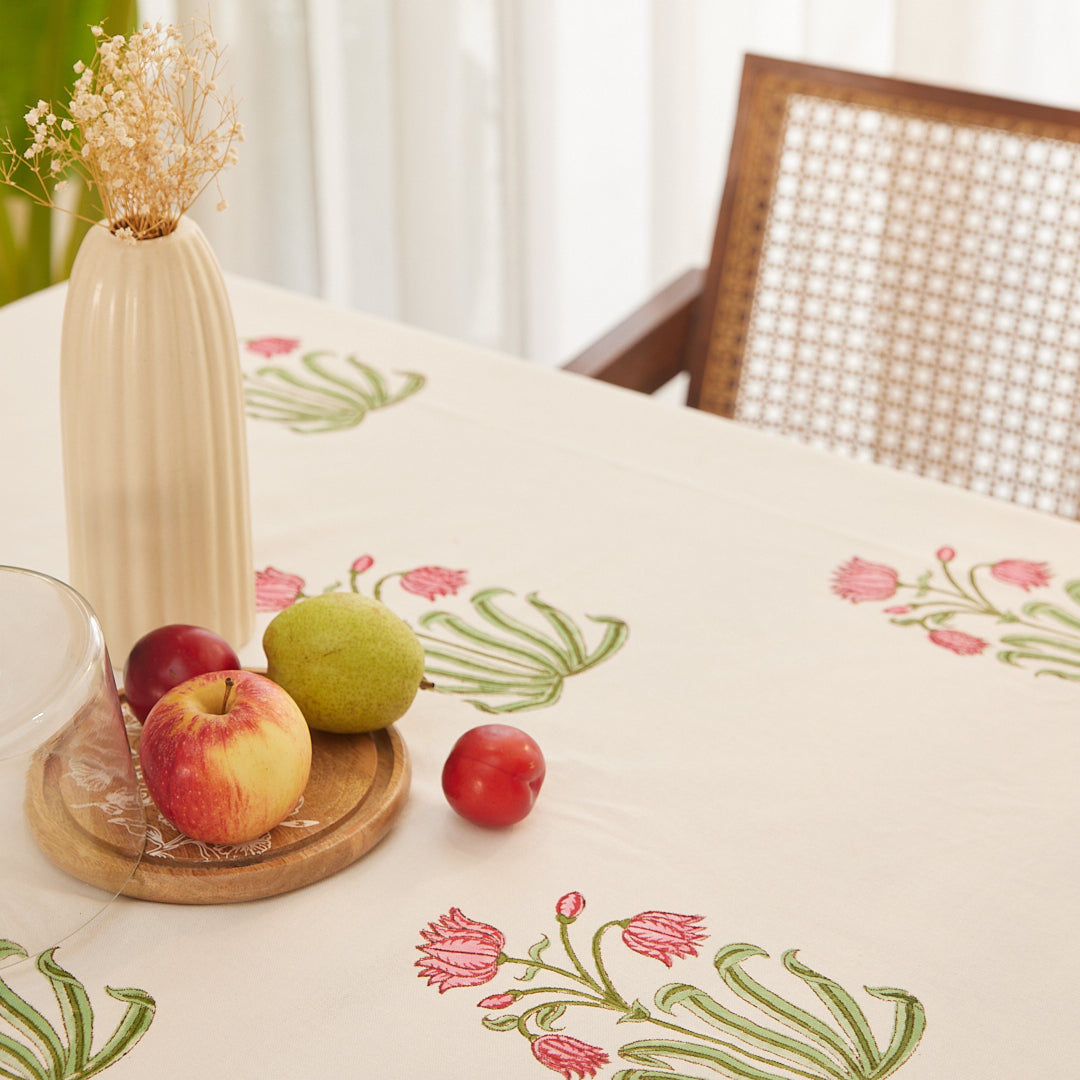 Drill Cotton Table Cover Pink-Green Orchids Block Print