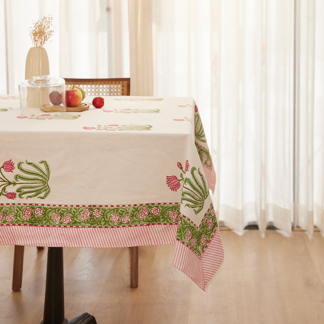 Drill Cotton Table Cover Pink-Green Orchids Block Print