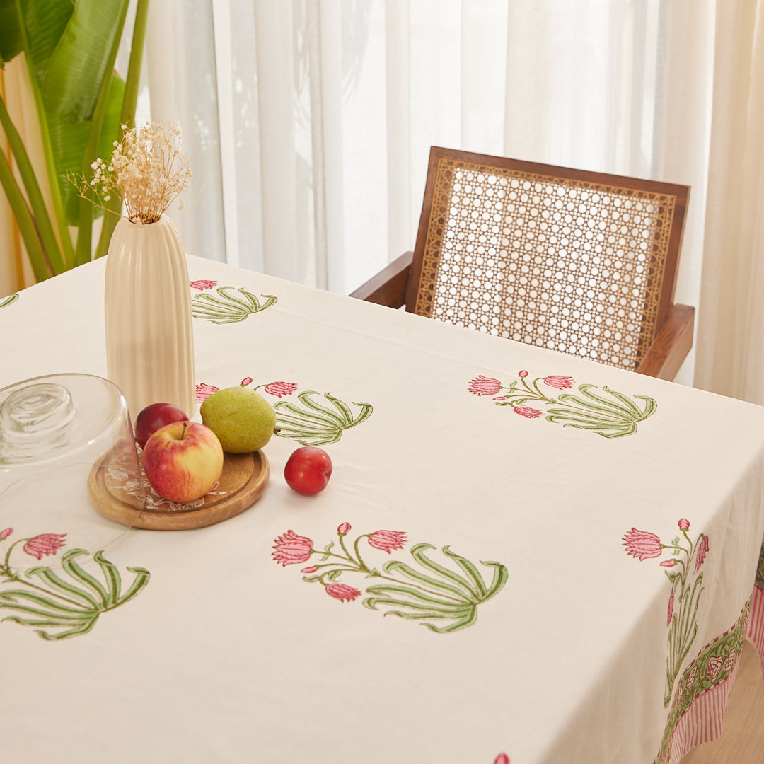 Drill Cotton Table Cover Pink-Green Orchids Block Print