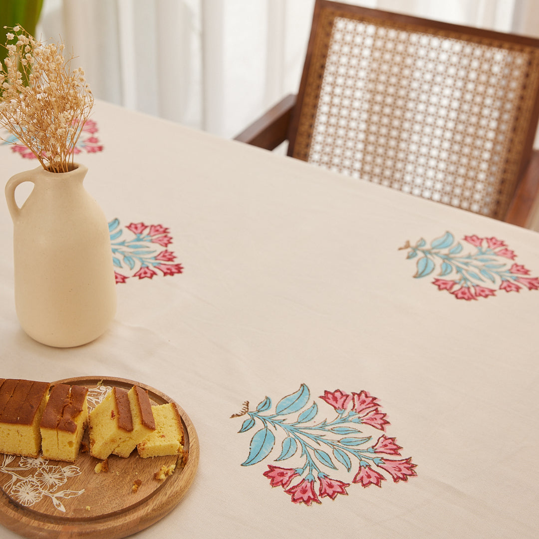 Cotton Table Cover Red-Blue Floral Block Print