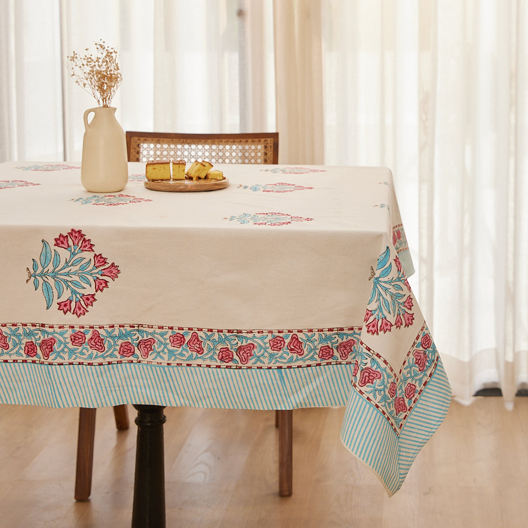 Cotton Table Cover Red-Blue Floral Block Print