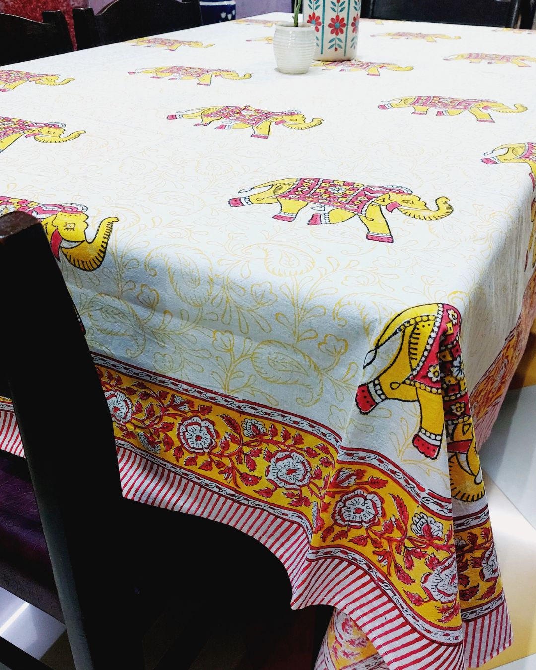 Cotton Table Cover Yellow Red Elephant Print Block Print