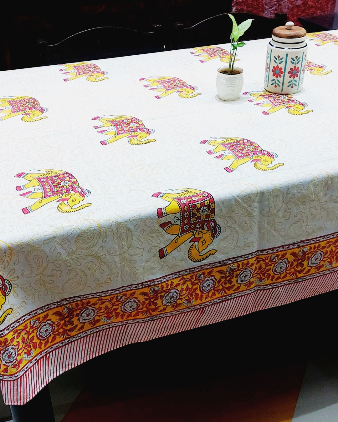 Cotton Table Cover Yellow Red Elephant Print Block Print