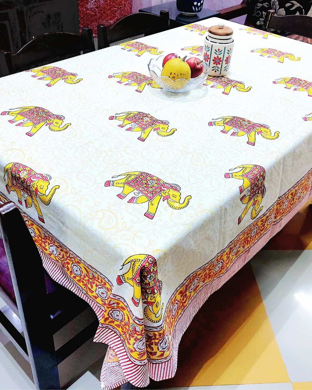 Cotton Table Cover Yellow Red Elephant Print Block Print