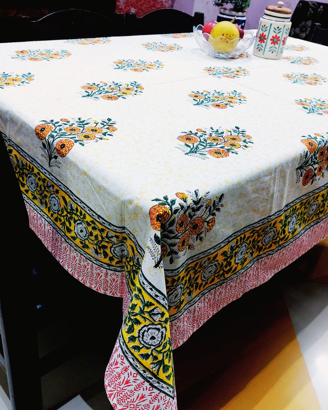 Cotton Table Cover Yellow Green Marigold Boota Block Print