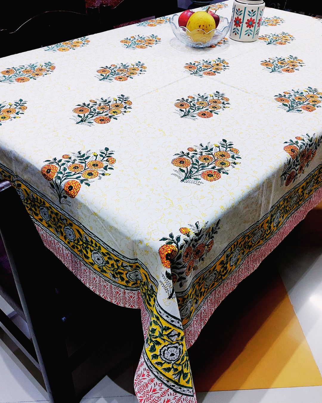 Cotton Table Cover Yellow Green Marigold Boota Block Print