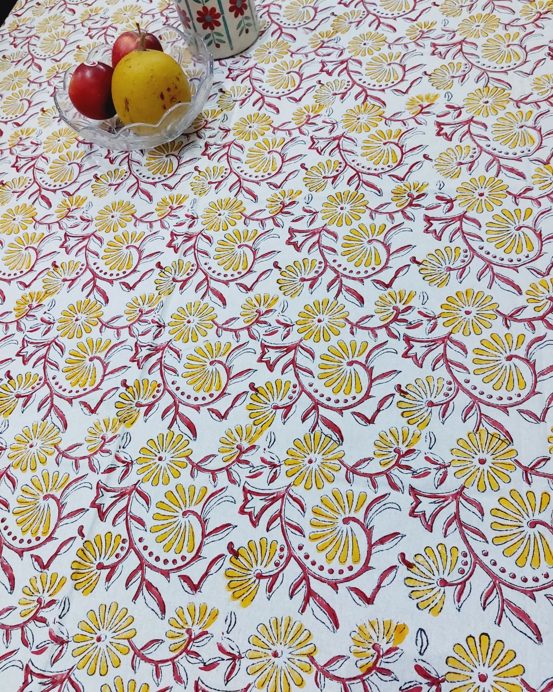 Cotton Table Cover Yellow Red Floral Jall Block Print