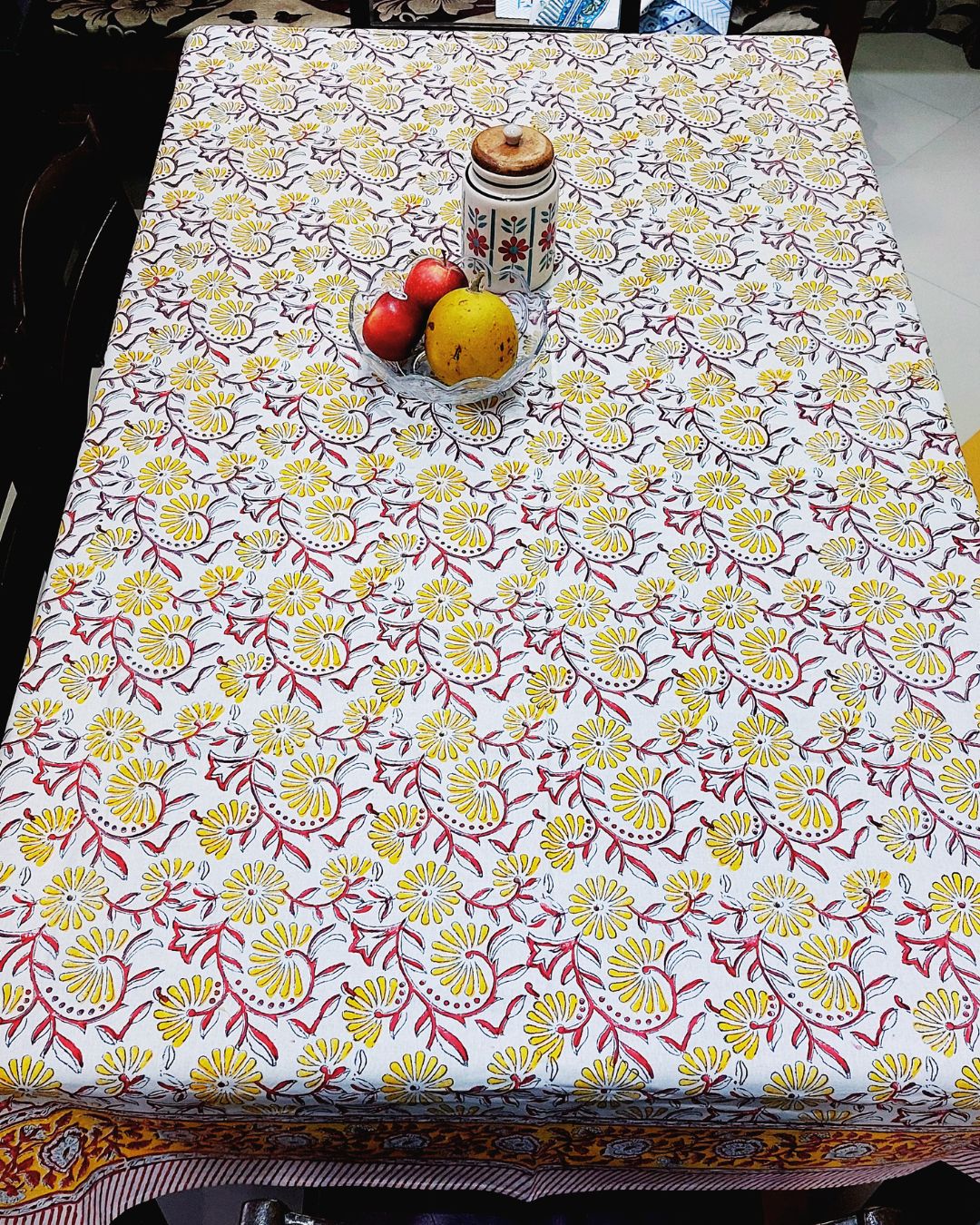 Cotton Table Cover Yellow Red Floral Jall Block Print