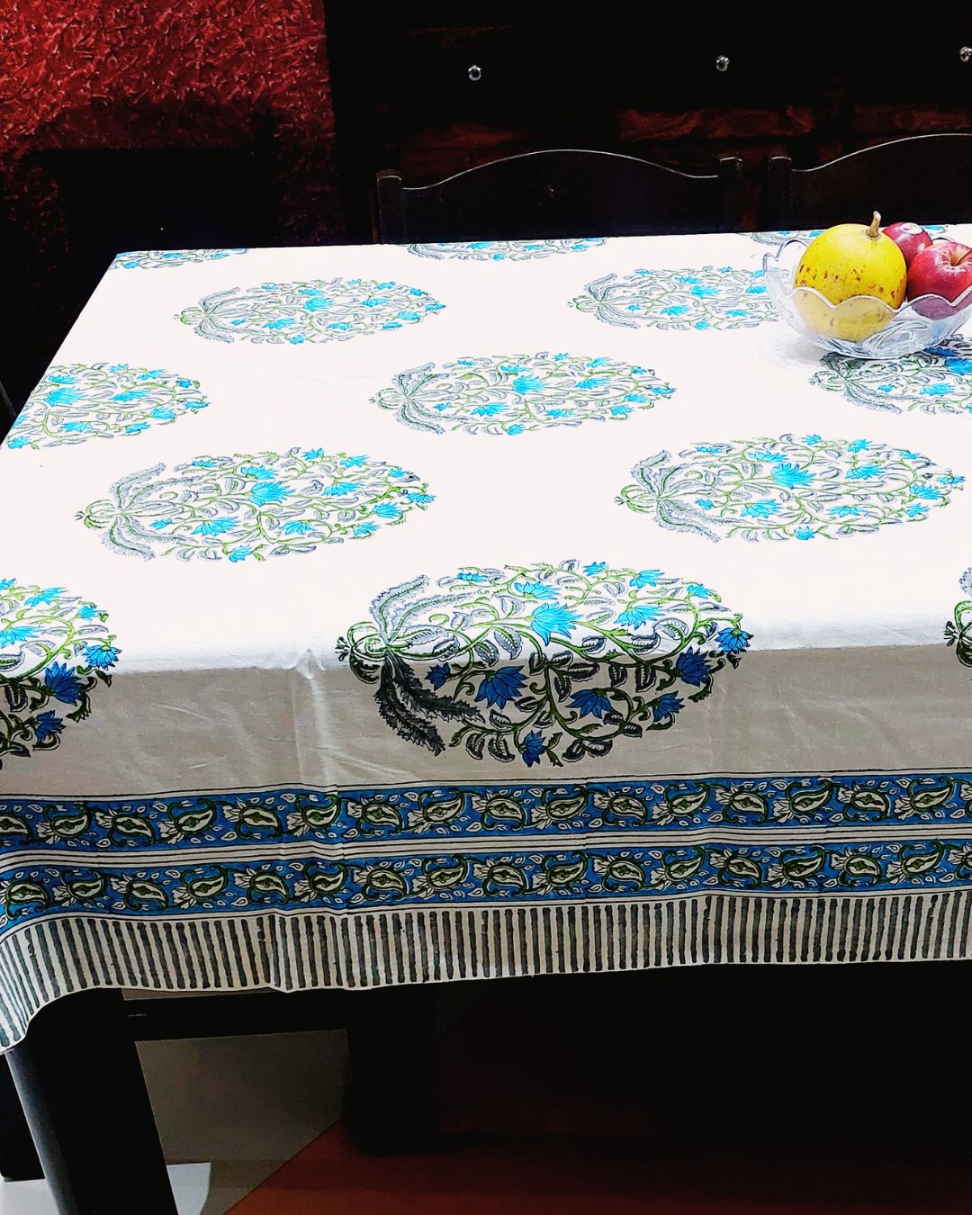 Cotton Table Cover Blue Green Guldasta Block Print