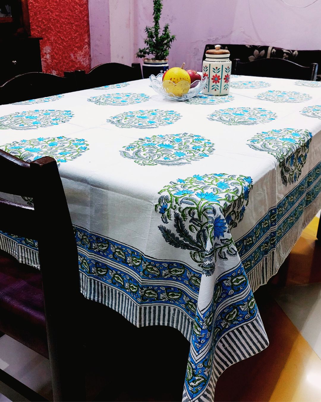 Cotton Table Cover Blue Green Guldasta Block Print