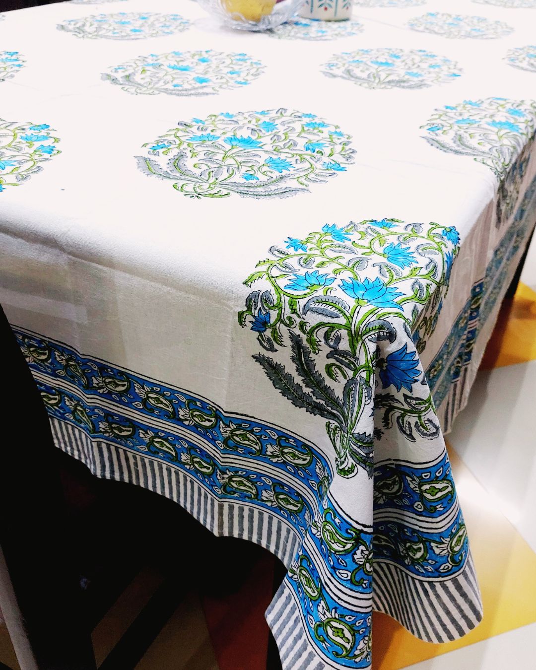 Cotton Table Cover Blue Green Guldasta Block Print