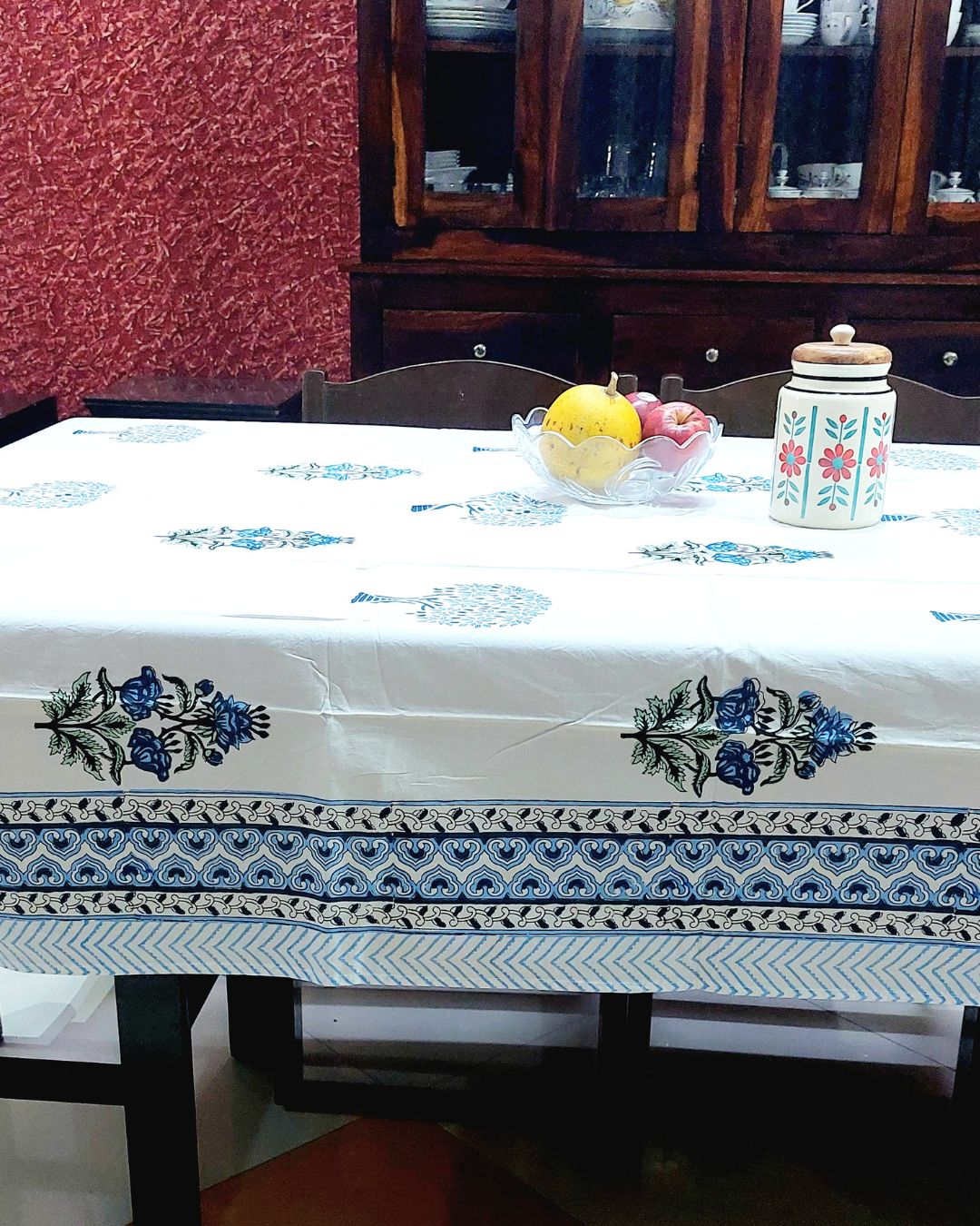 Cotton Table Cover Blue Floral Block Print