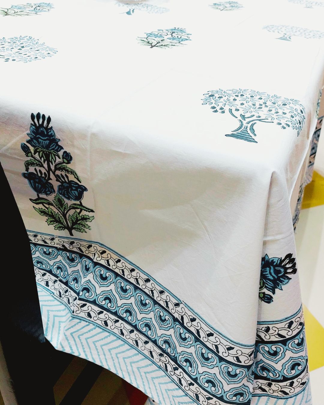 Cotton Table Cover Blue Floral Block Print