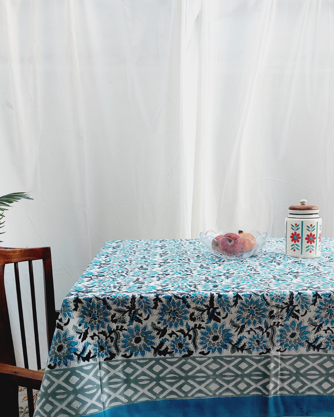 Drill Cotton Table Cover Afroz Hand Block Printed Icy Blue Block Print