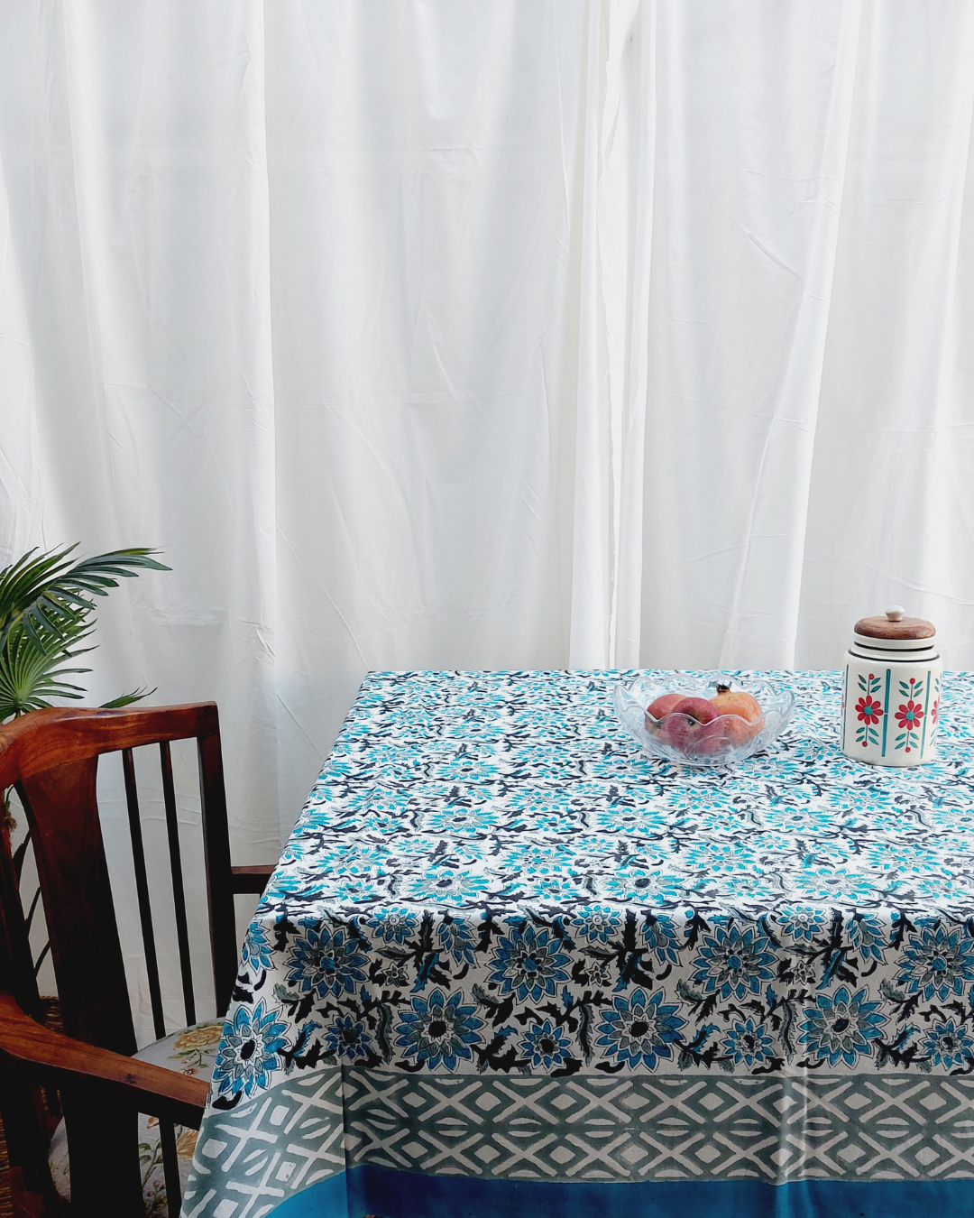 Drill Cotton Table Cover Afroz Hand Block Printed Icy Blue Block Print