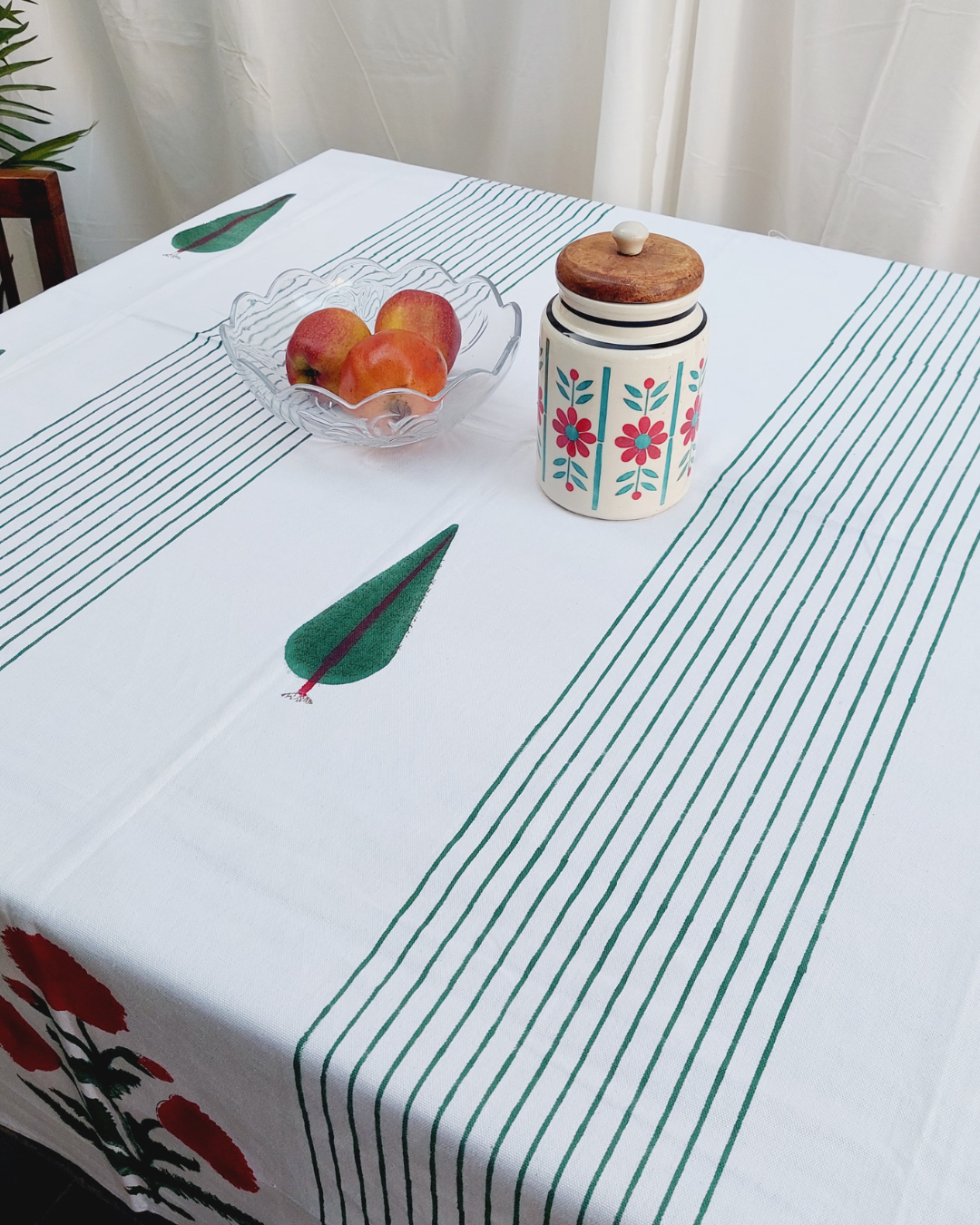 Drill Cotton Table Cover Red-Green Floral Block Print