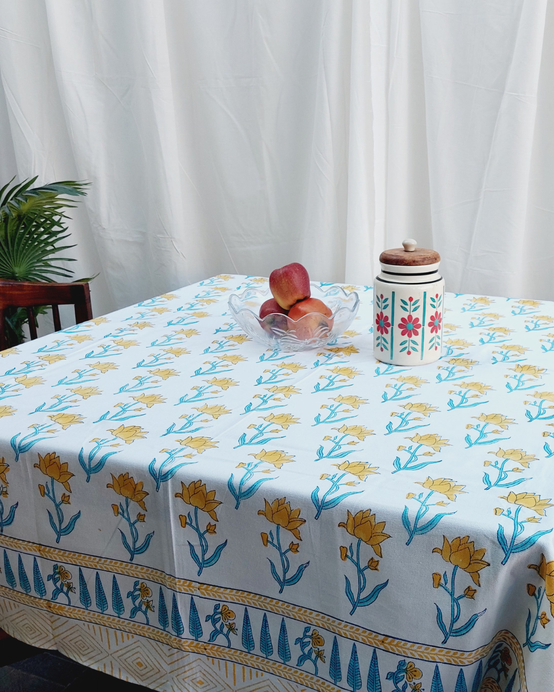 Drill Cotton Table Cover Yellow-Blue Floral Block Print