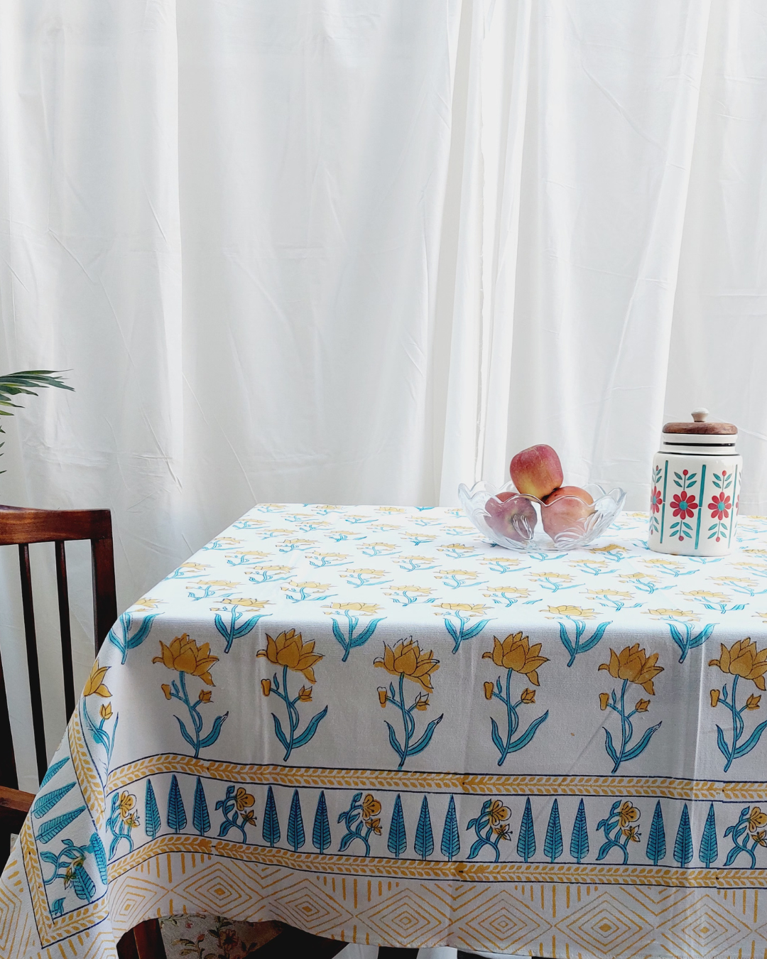 Drill Cotton Table Cover Yellow-Blue Floral Block Print