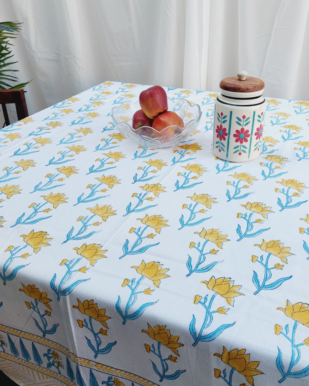 Drill Cotton Table Cover Yellow-Blue Floral Block Print