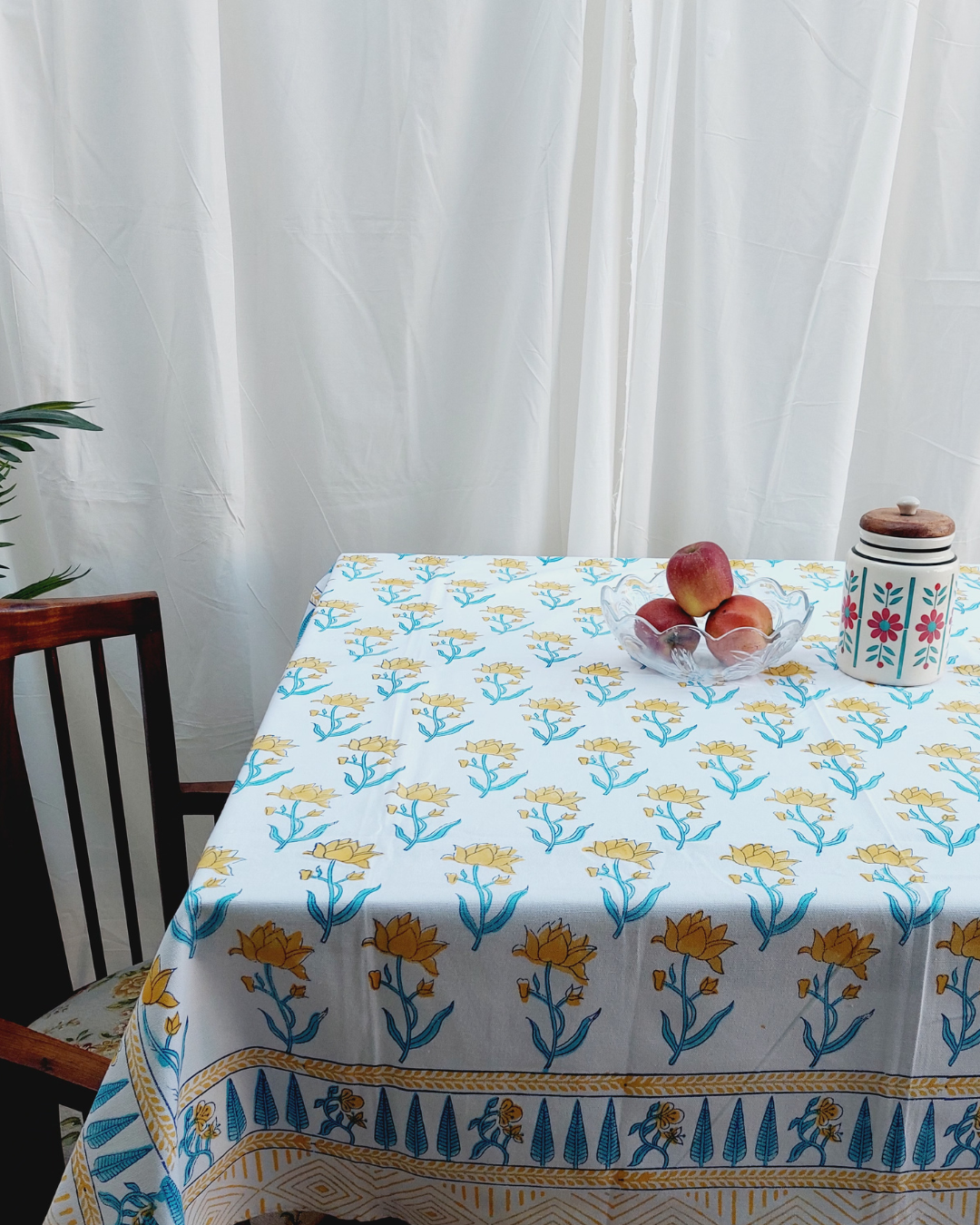 Drill Cotton Table Cover Yellow-Blue Floral Block Print