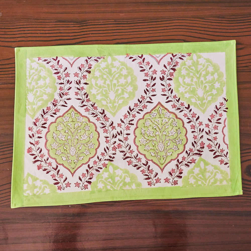 Canvas Table Mat and Napkin Green Pink Floral Ogee Block Print Set of 2