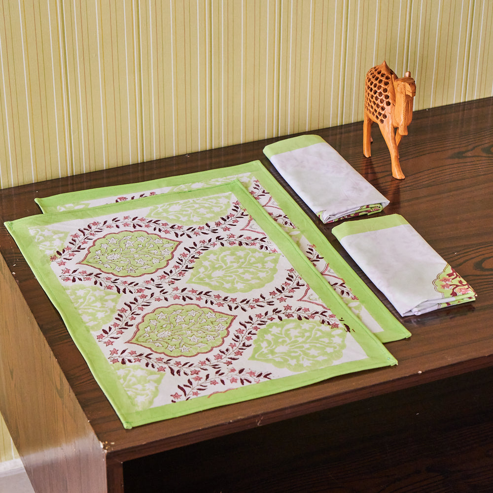 Canvas Table Mat and Napkin Green Pink Floral Ogee Block Print Set of 2