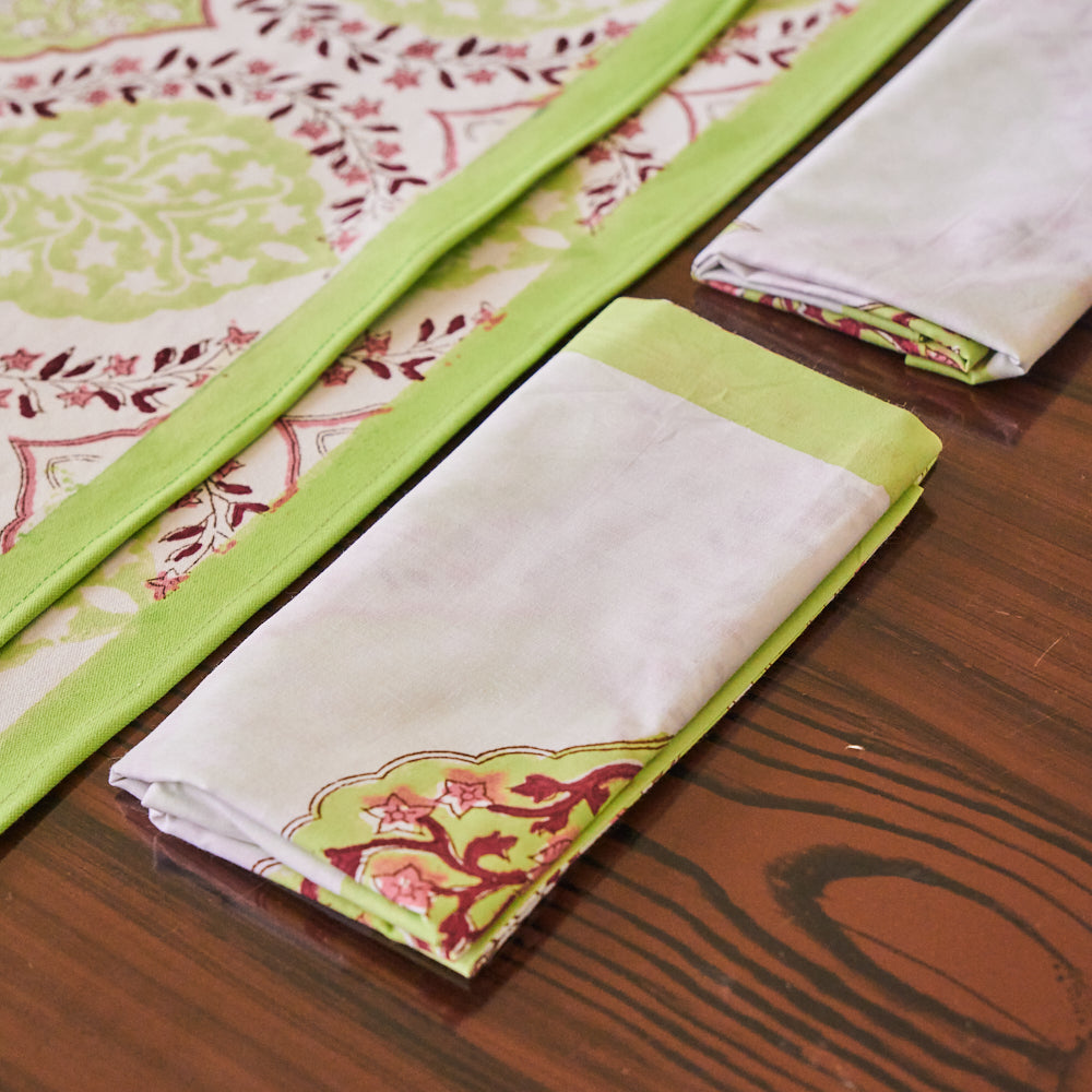 Canvas Table Mat and Napkin Green Pink Floral Ogee Block Print Set of 2