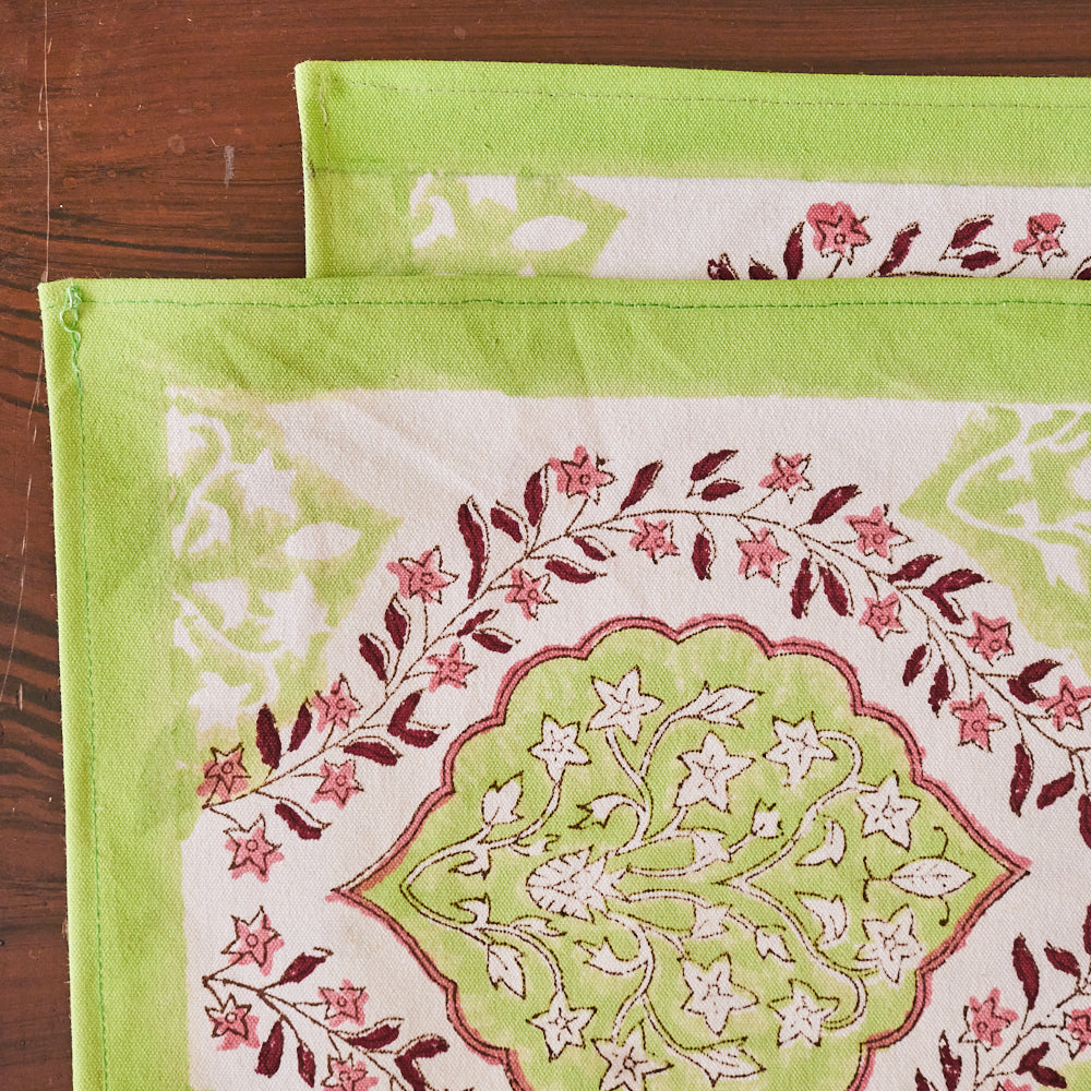 Canvas Table Mat and Napkin Green Pink Floral Ogee Block Print Set of 2